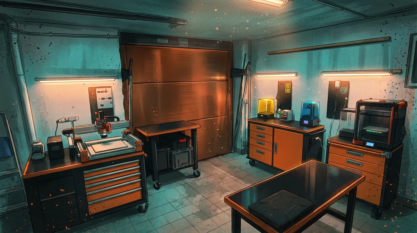 The Artech Lab workshop: a woman with neon orange hair and a blue jacket with glowing circuits works at a desk, network equipment and servers behind her